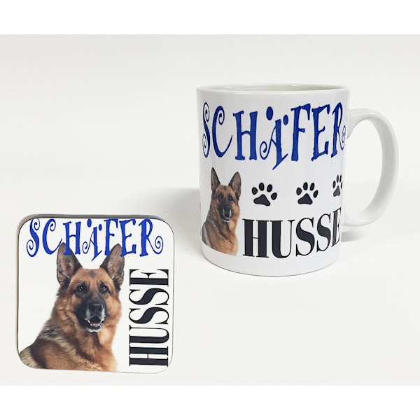 Mugg + Underlägg med tryck Schäfer husse hund design