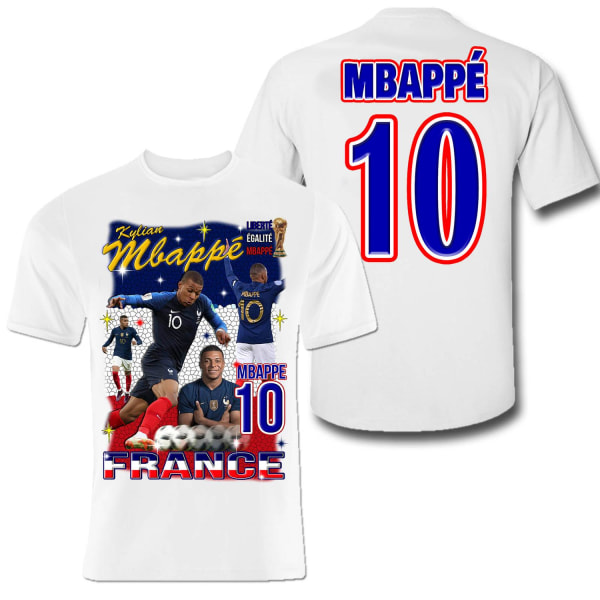 Mbappe Hvid sportstrøje t-shirt Frankrig Tryk foran og bagpå 128cl 7-8år