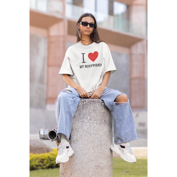 Vit T-shirt I love my Girlfriend heart tryck XL
