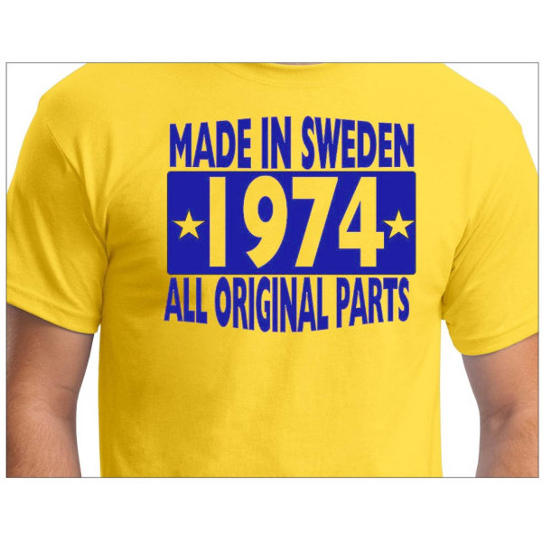 Keltainen T-paita Valmistettu Ruotsissa 1974 Kaikki alkuperäiset osat M
