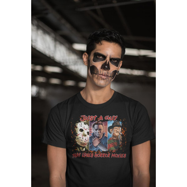 Svart T-shirt Just a guy who loves horror skräckfilm halloween L