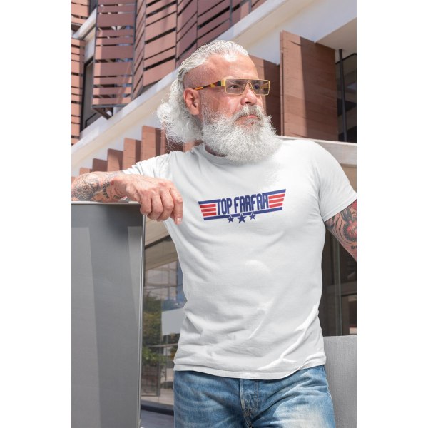 Top Farfar vit t-shirt med coolt tryck fram M