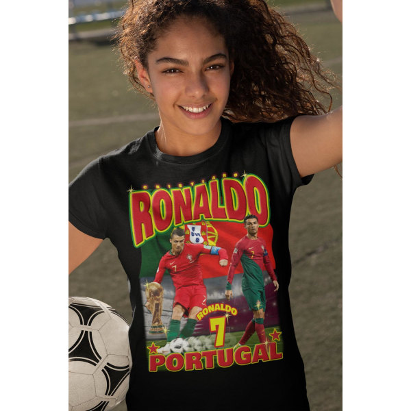 Cristiano Ronaldo Sort 7 t-shirt Portugal stil VM 140cl 9-11 år