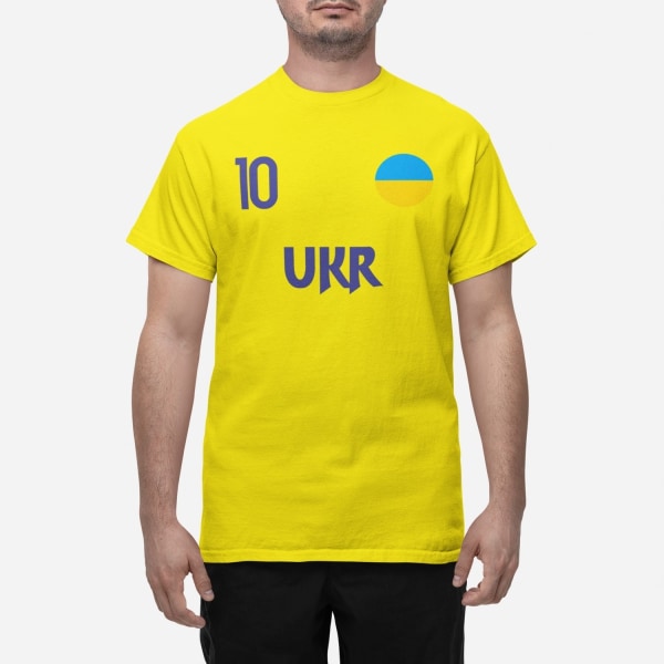 Ukrainan maajoukkueen t-paita keltaisella UKR:lla ja 10 jalkapallo euro24 Ukraine S