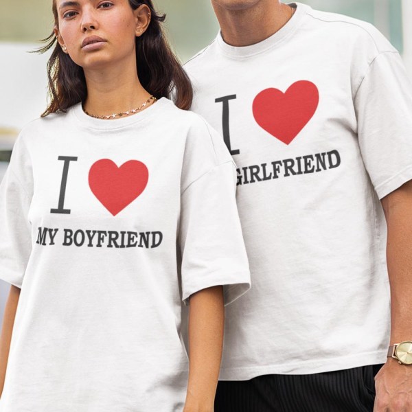 Vit T-shirt I love my Girlfriend heart tryck M