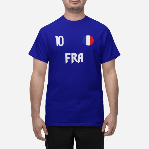 Ranskan maajoukkueen t-paita laivastonsininen, jossa FRA ja 10 jalkapallo L