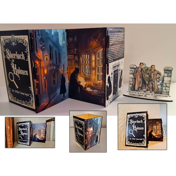 Sherlock Holmes Glow Book Scene 3D-bokkonst, hyllbelyst display för led-lampor,
