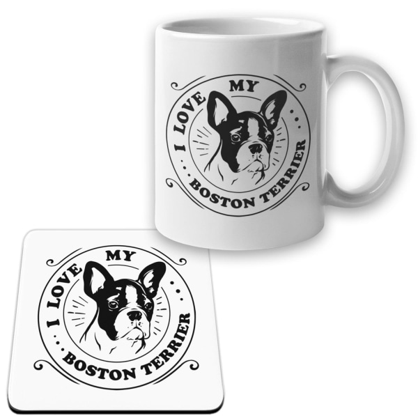 Boston Terrier Krus + Coaster pakke I Love hundesæt