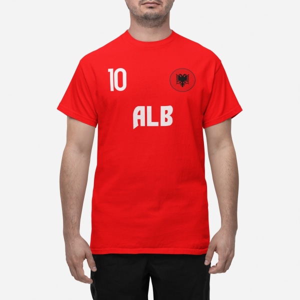 Albanian maajoukkueen punainen t-paita, jossa ALB ja 10 jalkapallo euroa24 L