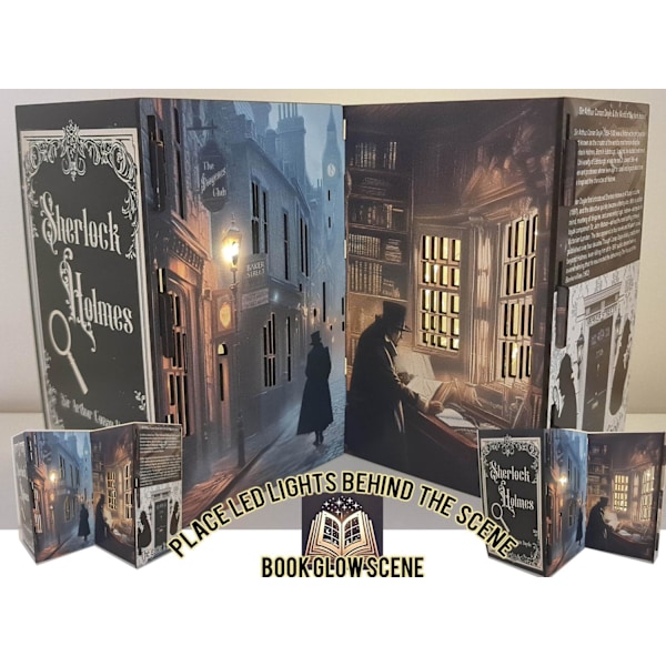 Sherlock Holmes Glow Book Scene 3D-bokkonst, hyllbelyst display för led-lampor,
