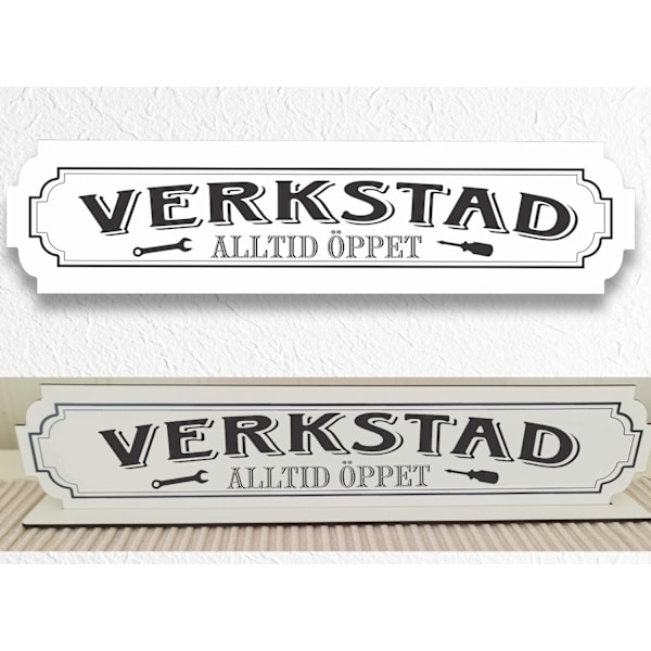 Verkstad vit skylt - Verkstadskylt med stativbasen 35x80cm garage