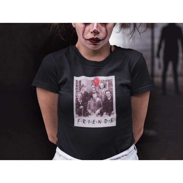 Naisten musta T-paita Polaroid tyyliin Horror friends design Pennywise L