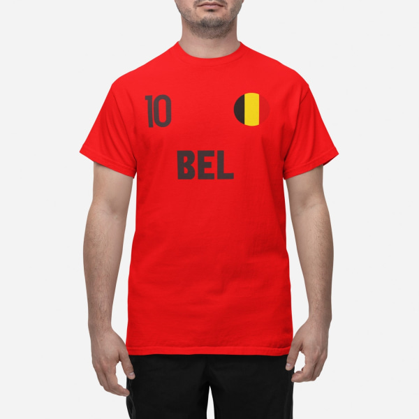 Belgian maajoukkueen punainen t-paita, jossa BEL & 10 jalkapallo euroa24 M