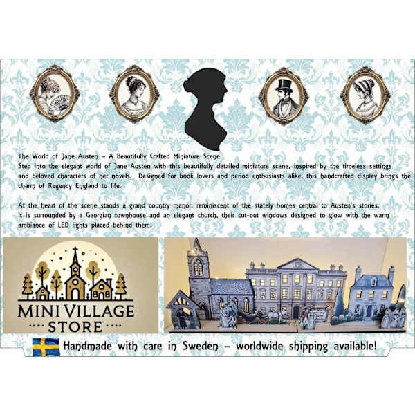 Jane Austen  byscen i miniatyr för hylla Lägg till LED-lampor för att ge liv