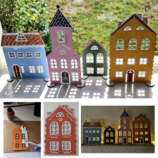Set med 4 hus i vit MDF - Fristående möjlighet att måla själv - pyssel idé Vit