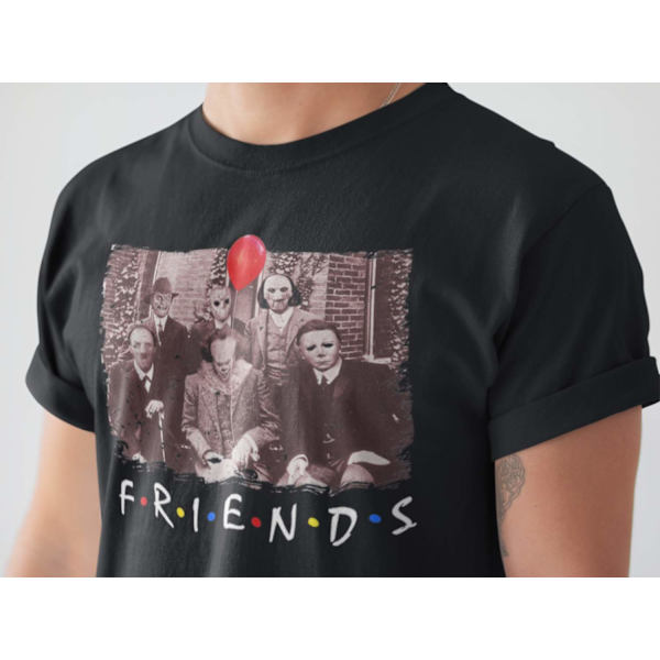Svart skräckfilm t-shirt Pennywise Jason Jigsaw & friends XXXL