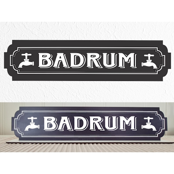 Badrum svart skylt - köksskylt med stativbasen 35x80mm