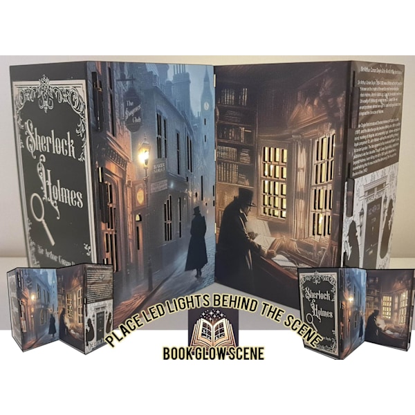 Sherlock Holmes Glow Book Scene 3D-bokkonst, hyllbelyst display för led-lampor,