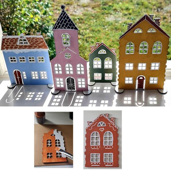 Set med 4 hus i vit MDF - Fristående möjlighet att måla själv - pyssel idé Vit