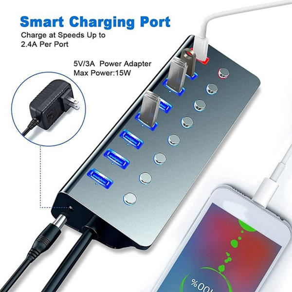 8 portar USB 3.0 Hub-driven USB expanderare med på/av-knappar