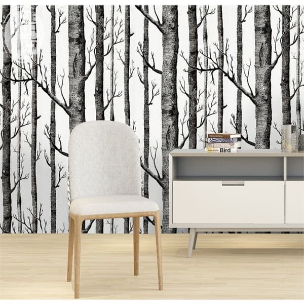 Birch Tree Tapet Skræl og Stick Trunk Sort og Hvid