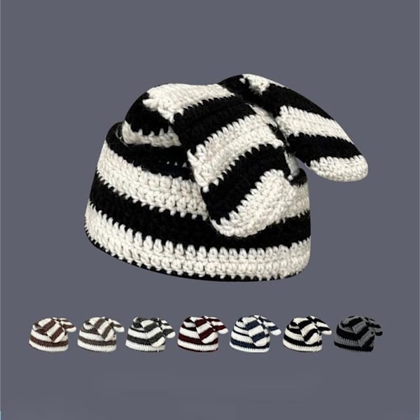 Japansk Beanie Hat Ins Little Devil Striped Hat SORT&GRÅ black&grey