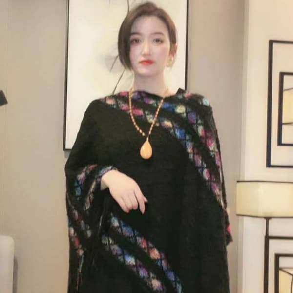 Mongolsk Poncho Rhombic Stripe Tassel Sjal GRÅ grey