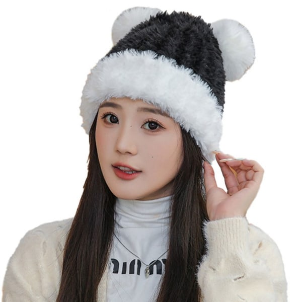 Faux Fur Beanies Hat Strikket Kasket SORT black