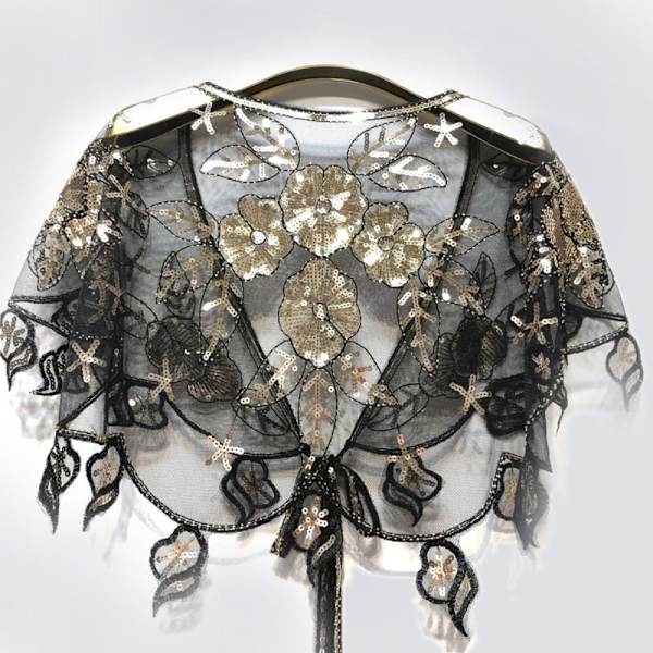 Dam Sjal Evening Prom Cape SVART&SILVER black&silver