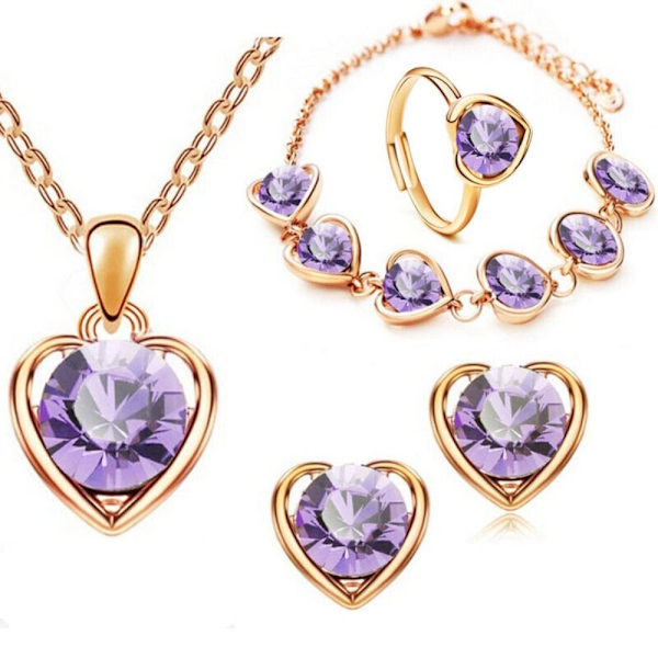 Crystal Heart Halsband Örhängen GULD&LILA Gold&Purple