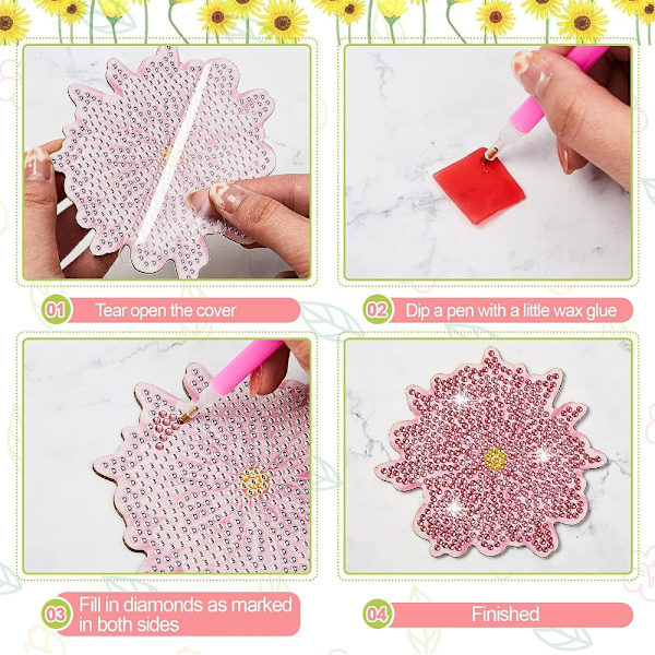 6 STK Diamond Art Painting Coasters Kits DIY Flower Coasters