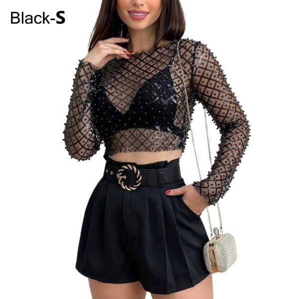 Sexy Crop Topit naisille Mesh Pearl Topit MUSTA SS Black S-S