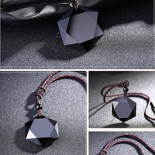 Svart obsidian sten hexagram form hänge halsband