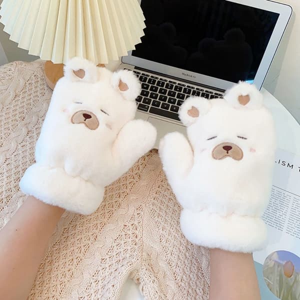 Cartoon Bear Votter Vinterhansker HVIT white