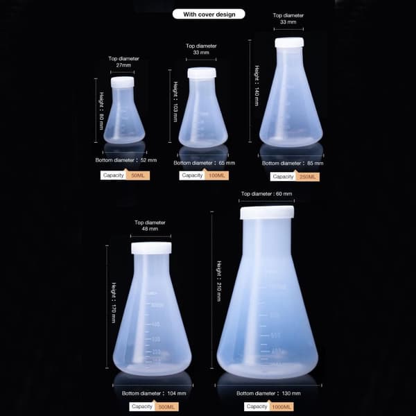Muovinen Erlenmeyer-pullo, leveäsuinen, kartiomainen pullo, kolmio