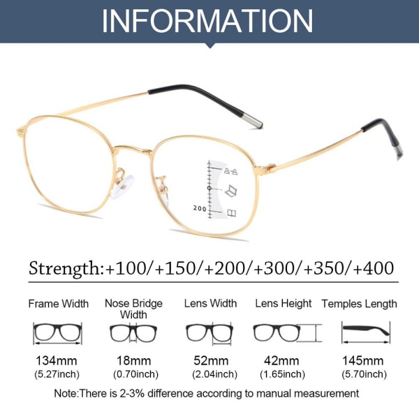 Anti-Blue Light Läsglasögon Runda glasögon GULD STYRKA Gold Strength 150