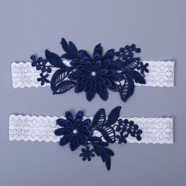 2 STK Blonde Blomst Perle Strømpebånd Elastisk Strømpebånd MARINEBLÅ navy