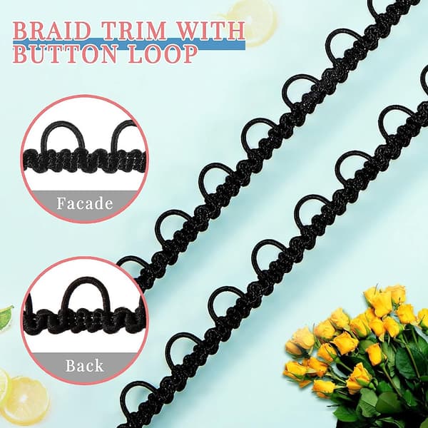 Gimp Braid Trim Elastisk Knappsløyfe SVART black
