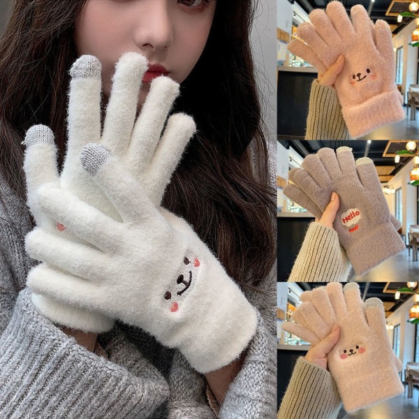 Kvinnor Vinter Touch Screen Handskar Tjocka Varma Stickade Stretch Handskar beige