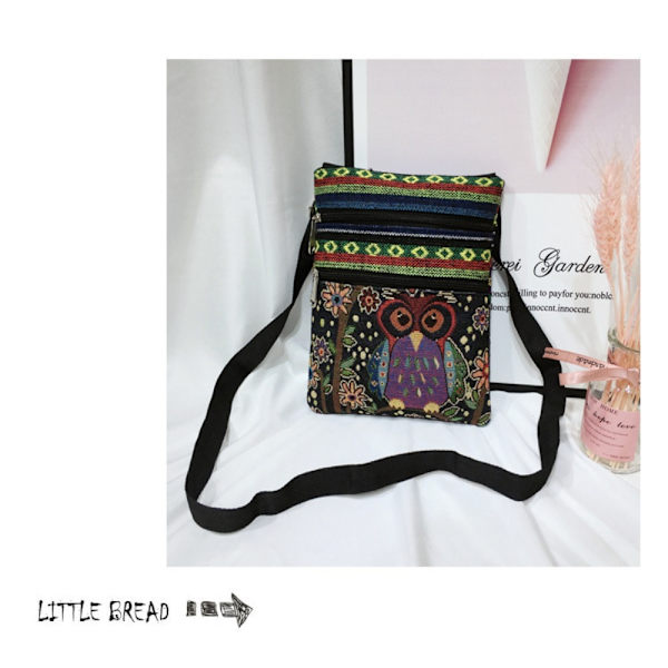 Liten dubbel dragkedja Messenger Bag Cartoon Owl Printed Bag BB B