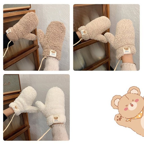 Söta Bear White Gloves Plysch Förtjockad Vinter Håll Varm khaki