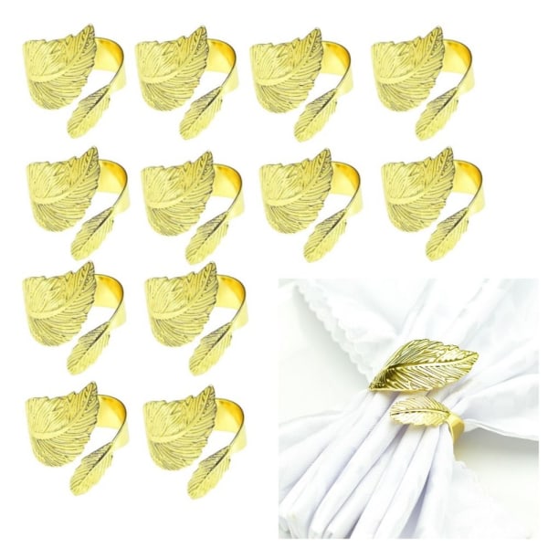 12 kpl lautasliinasormuksia, metallisia Willow Leaf Gold Leaf -lautasliinasormuksia
