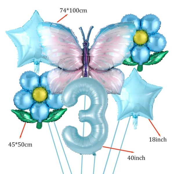 6 Stk/sæt Butterfly Antal Balloner Aluminiumsfolieballon Blue-Number 6