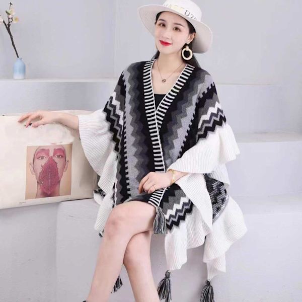Mongolisk Poncho Cardigan Tofssjal SVART&GRÅ black&grey