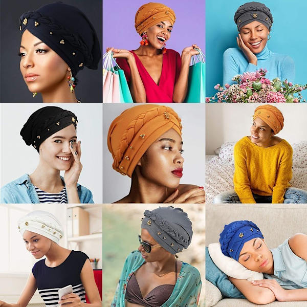Kvinder Turban Cap Beaded Tørklæde SORT black