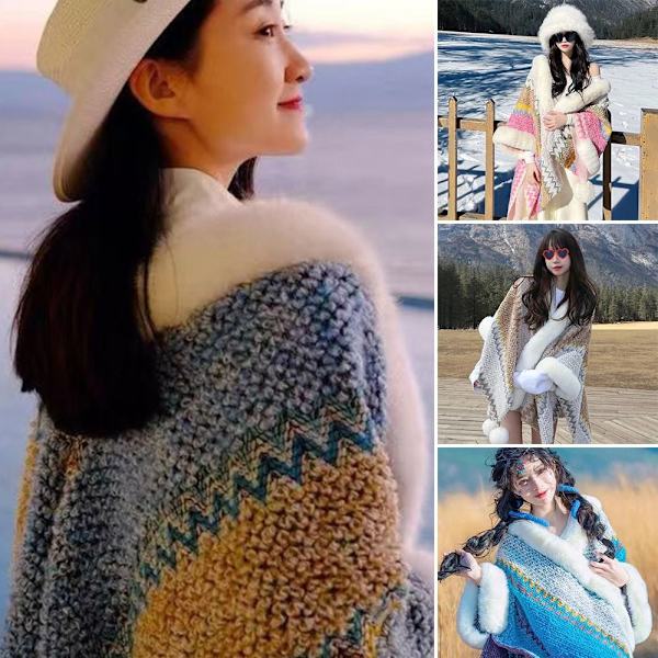 Mongolsk Poncho Cardigan kvast Sjal ABRIKOS apricot