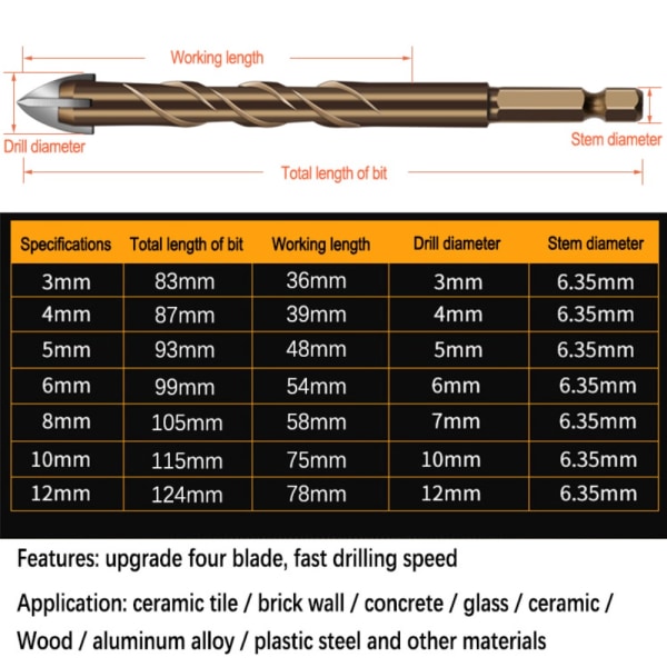 4 Stk 3-12mm Kryds sekskantet keramisk flisebor 12MM 12mm