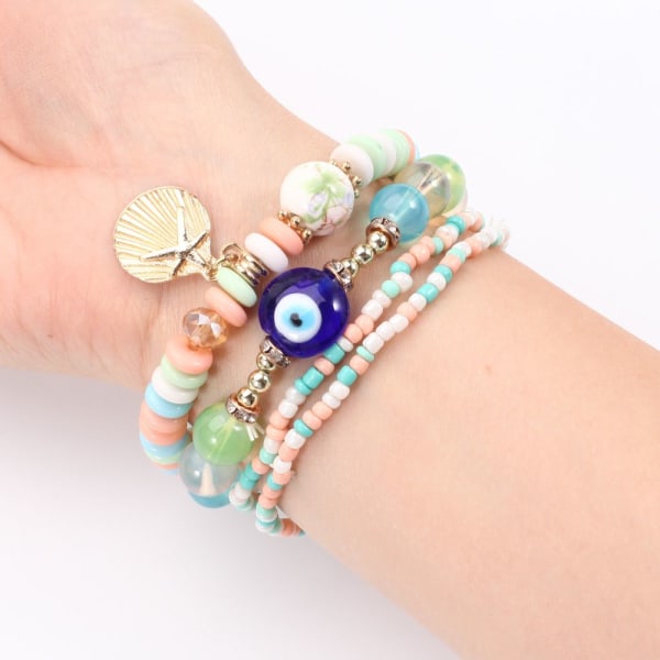 4st Boho Evil Eye Flerlagers Crystal Beaded Armband rosa