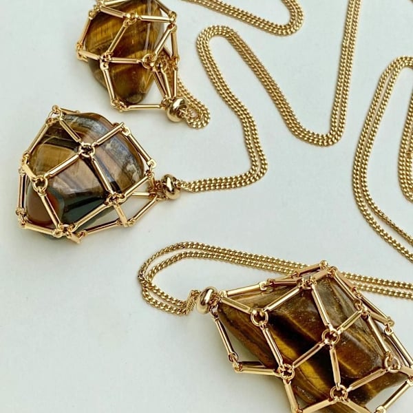 Kristallhållare Burhalsband Kristallnät Metallhalsband GULD Gold Tiger Eye-Tiger Eye
