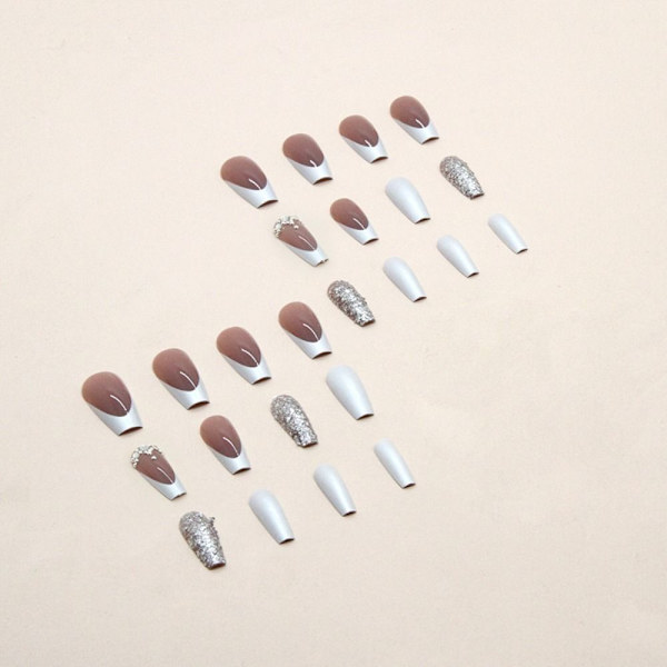 24 kpl Fake Nails Long French Ballerina